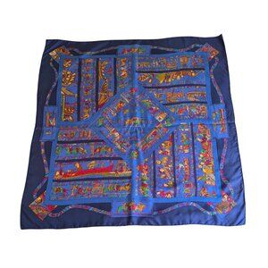 HERMES Vintage A la Gloire de Guillaume 90 cm Blue Square Silk Scarf VERY RARE